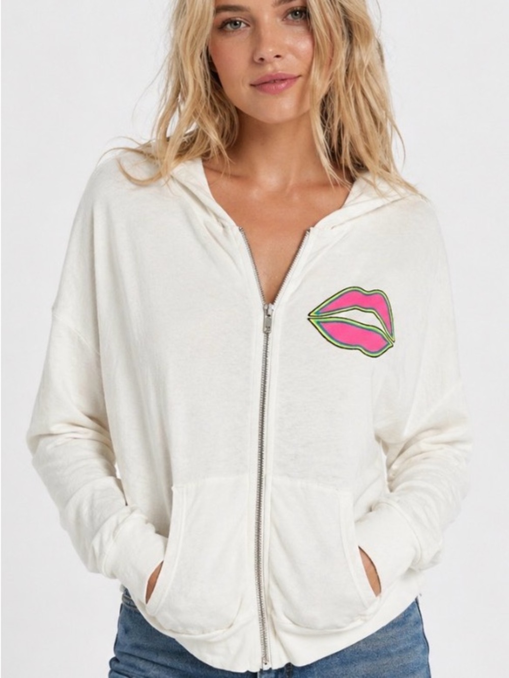 Lauren Moshi Evil Eye Lips Graphic Zip Hoodie Sweatshirt Ivory Neon Size M-NWOT